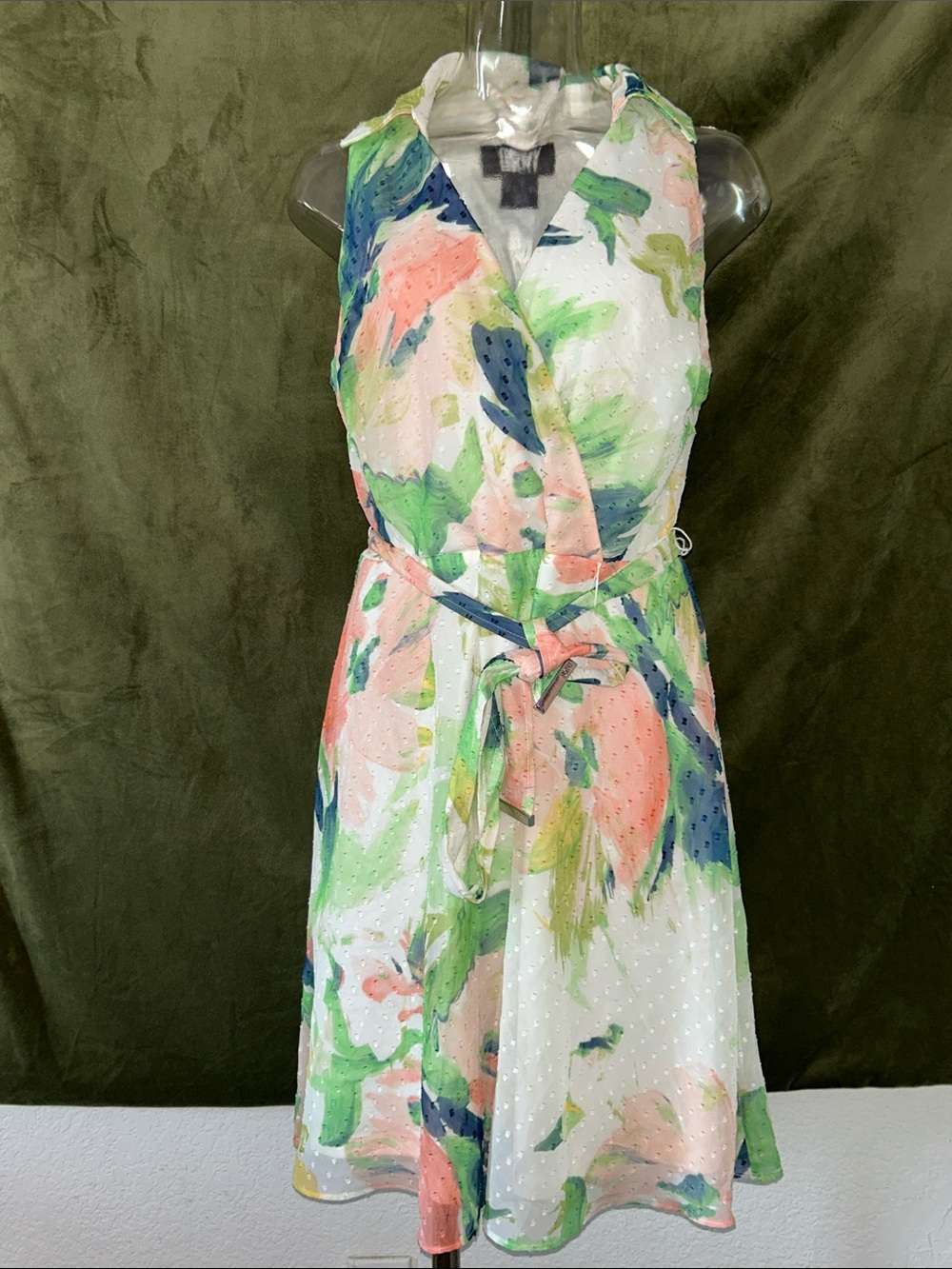 DKNY Pastel Floral Wrap Midi Dress in Pink, Green & Blue